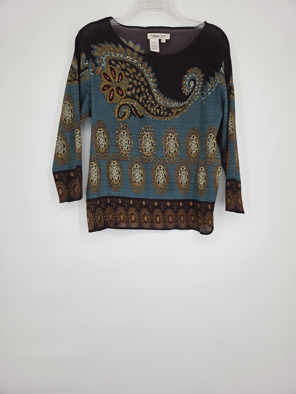 Coldwater Creek Y2K Boho Paisley Rhinestone Mesh Top Large Teal Brown Sheer